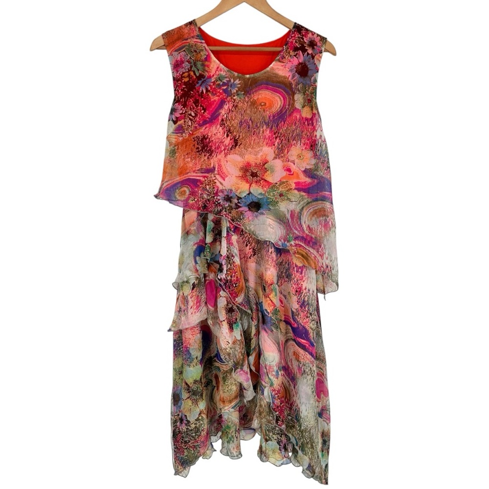 QinPei.Er Silk Sleeveless Boho Floral Print Tiered Dress size XL NWT Multicolor